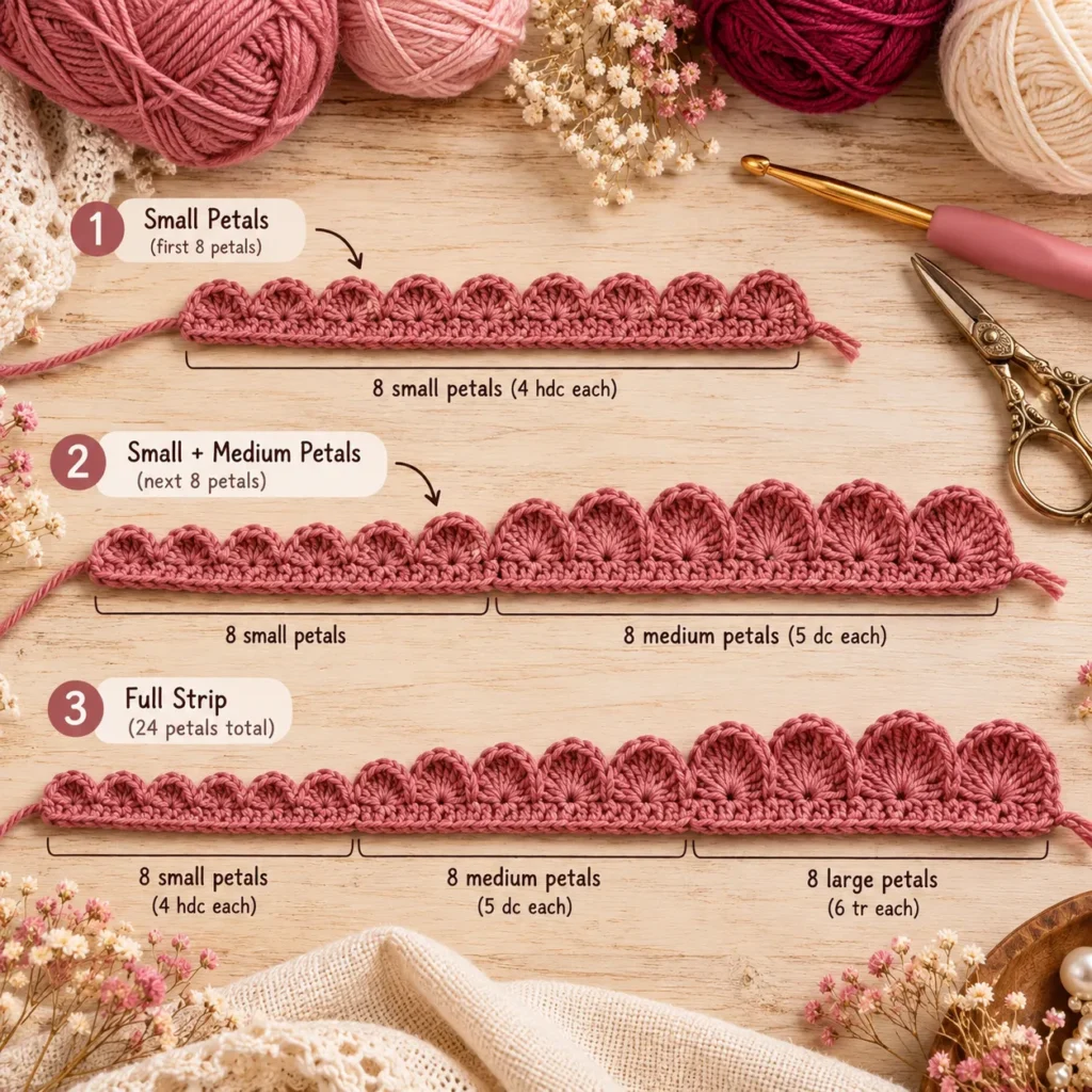 Crochet rose strip with small medium and large petals