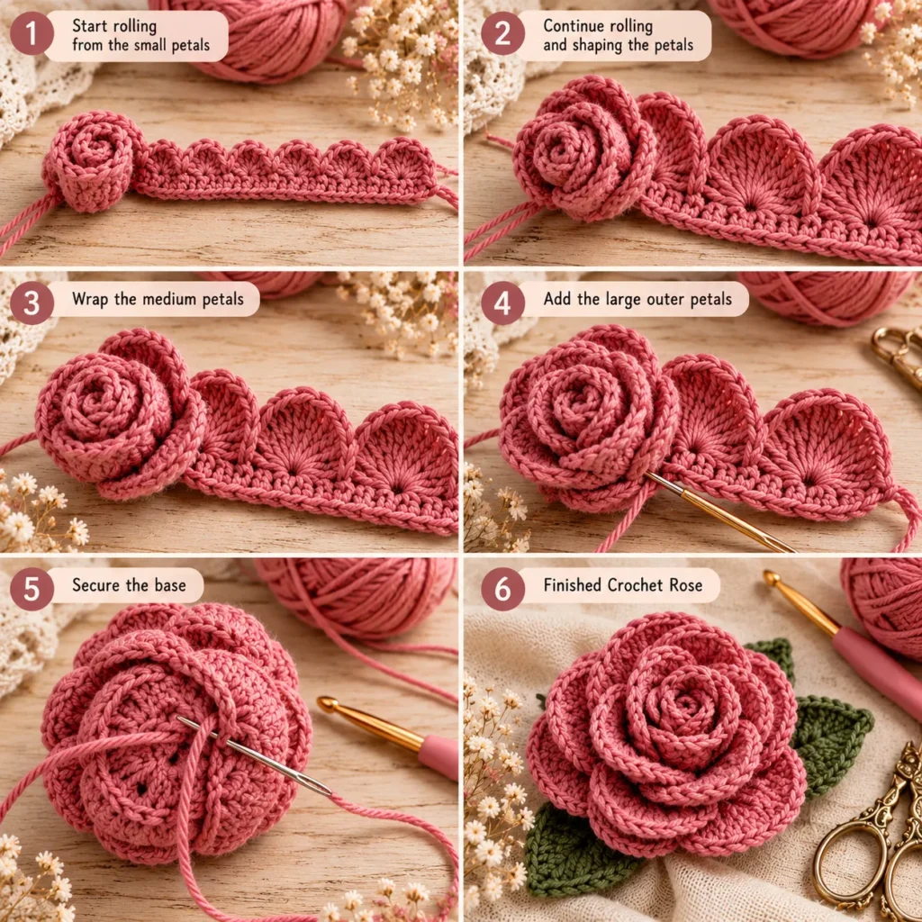 How to roll and assemble a Crochet Rose