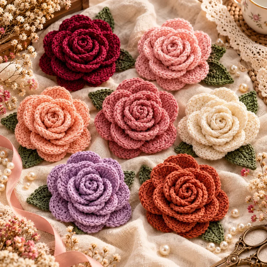 Finished Crochet Roses in seven romantic colors