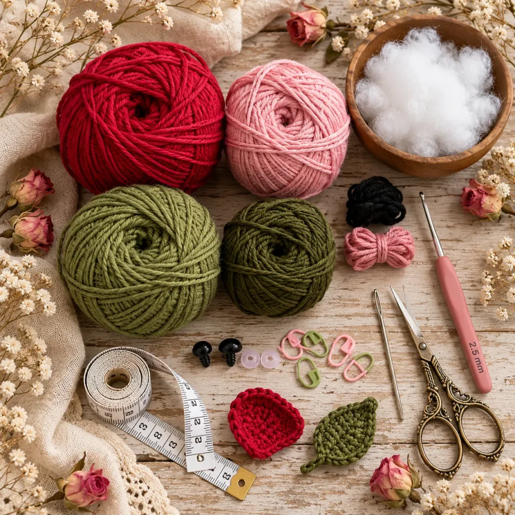 Materials for Rose Mini Plush Crochet Pattern