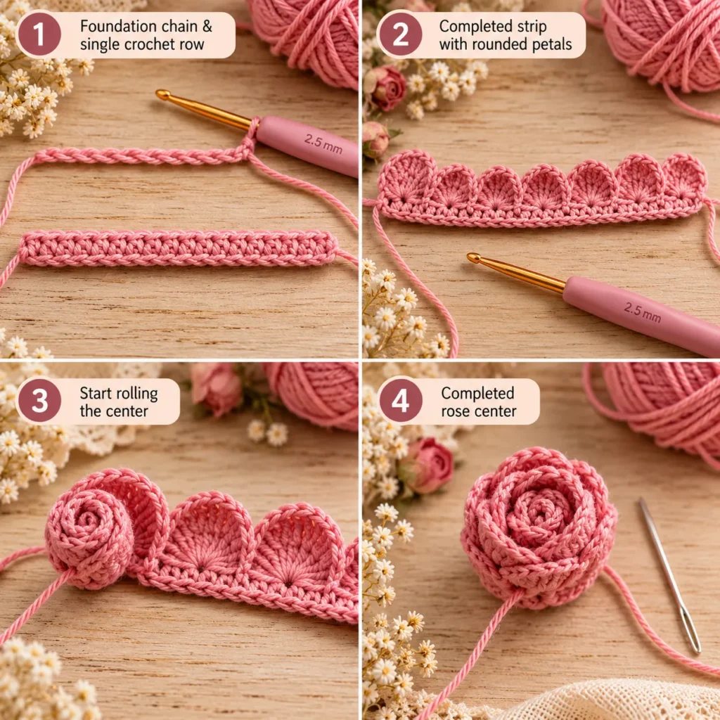 Mini crochet rose center rolled petal tutorial