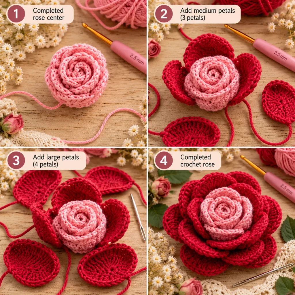 Rose Mini Plush layered crochet rose assembly