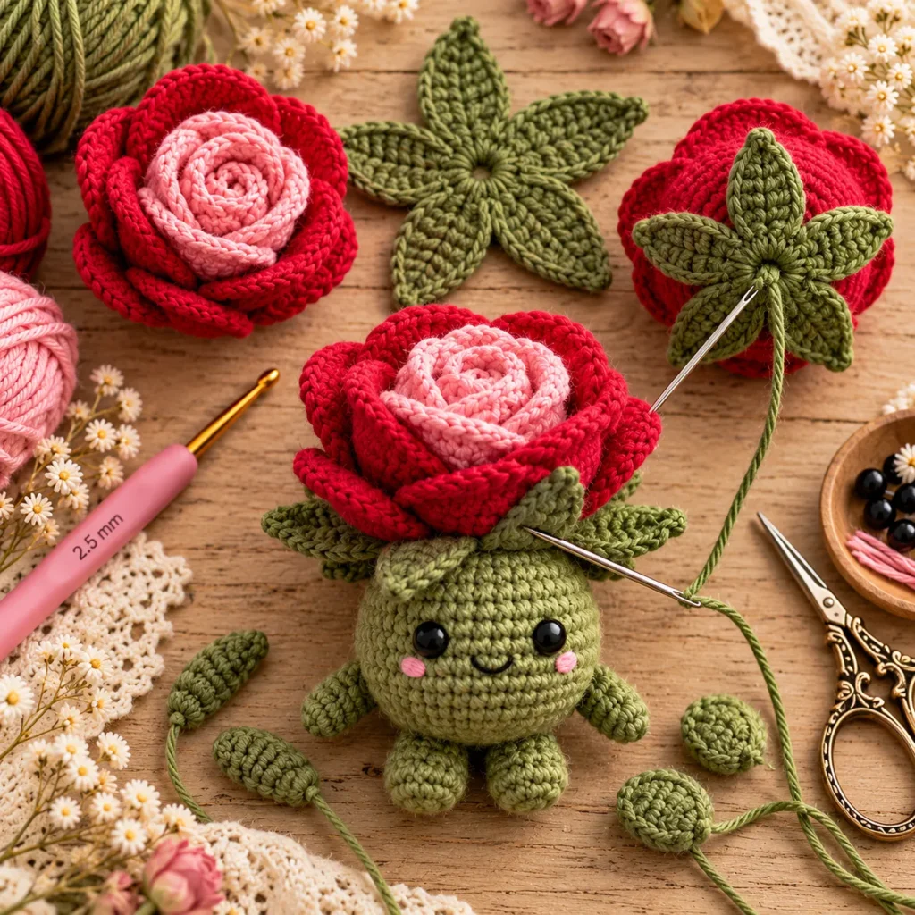 Attaching crochet rose and green sepals to mini plush