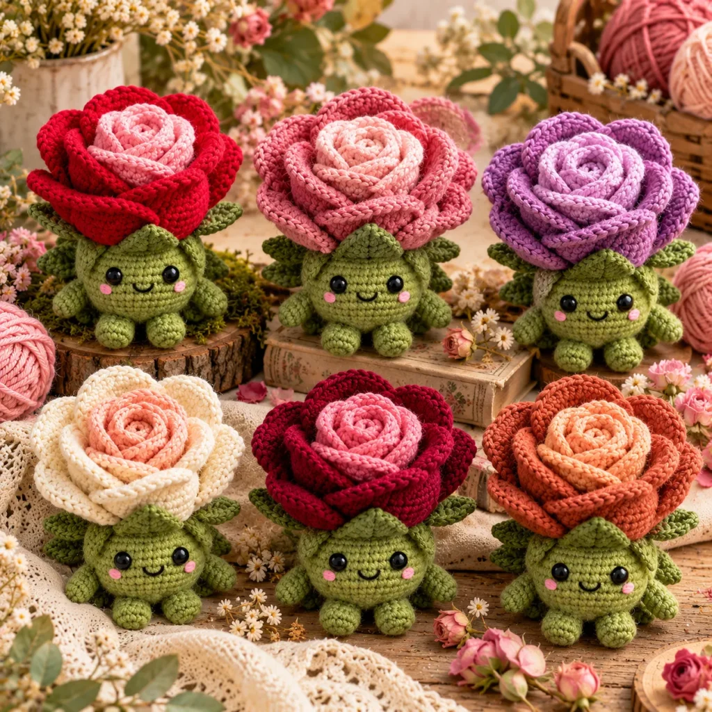 Rose Mini Plush Crochet Pattern in six flower colorways
