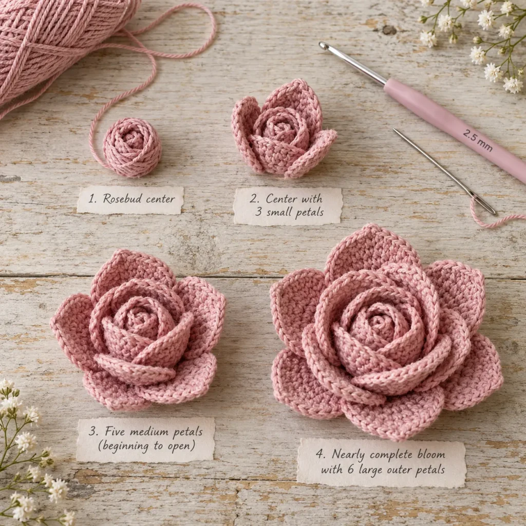 Crochet Floyd Rose layered petal assembly