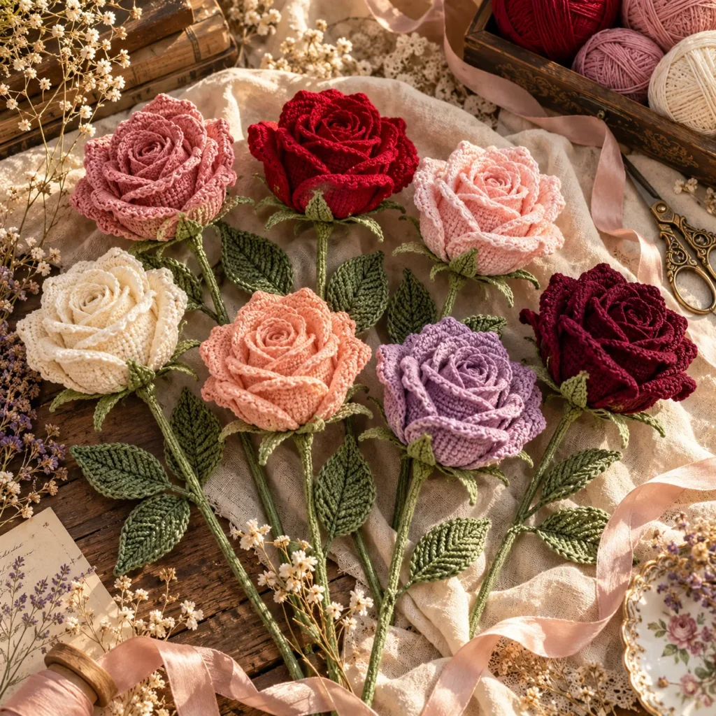 Crochet Floyd Roses in seven romantic colors