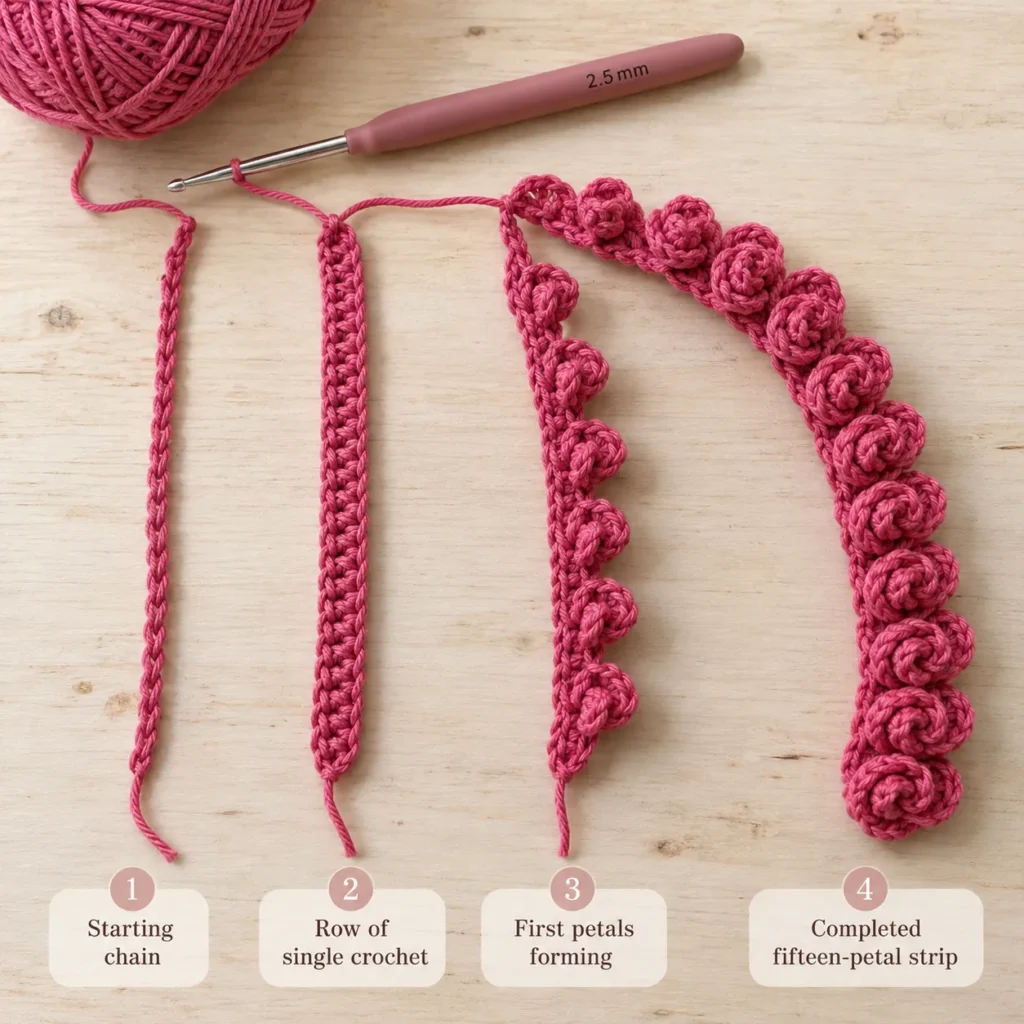 Crochet Rose Keychain petal strip tutorial