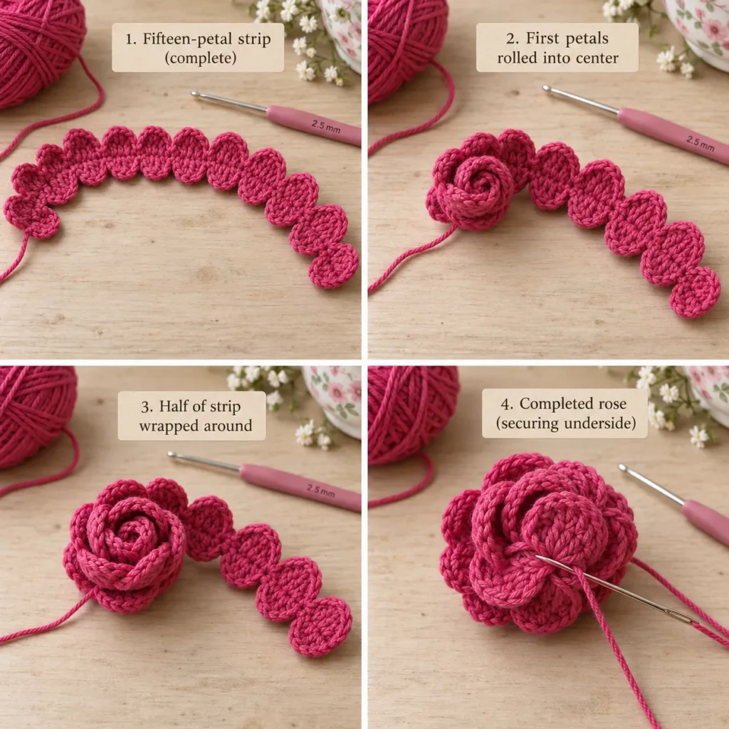 How to roll a Crochet Rose Keychain flower
