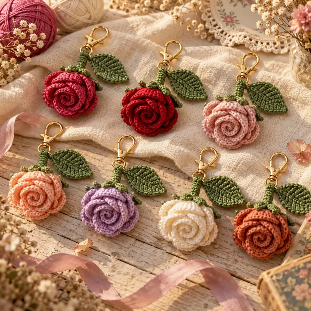 Crochet Rose Keychains in seven flower colors