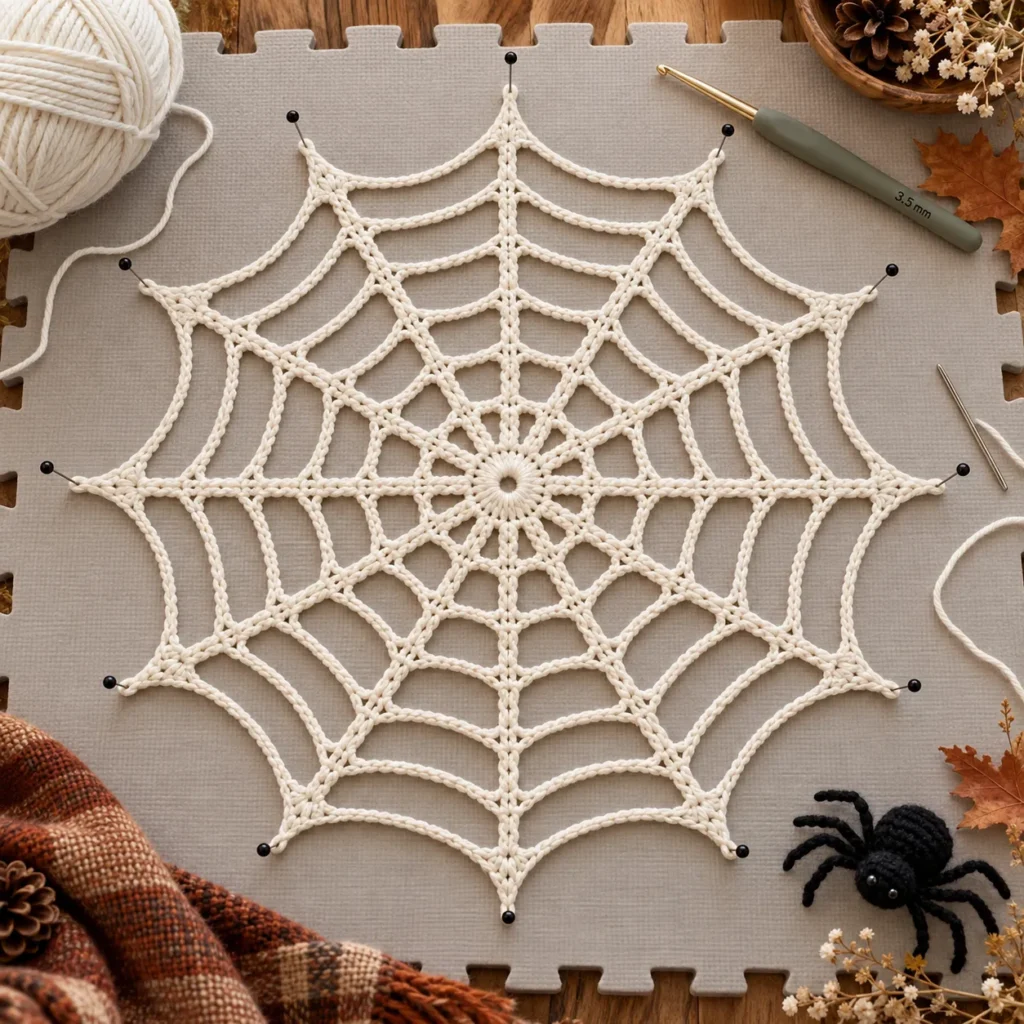 Blocking a Crochet Spider Web with twelve pinned points