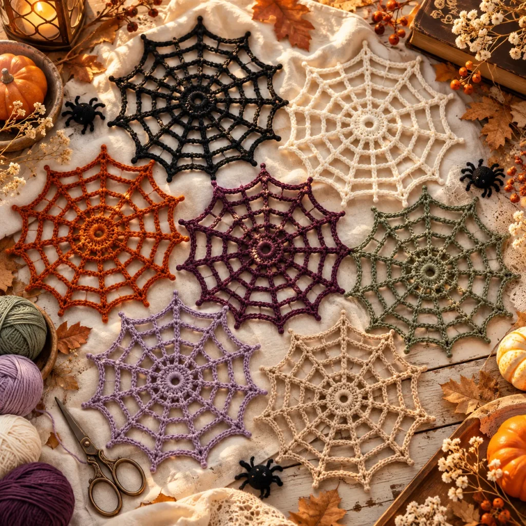 Crochet Spider Webs in seven Halloween and autumn colors