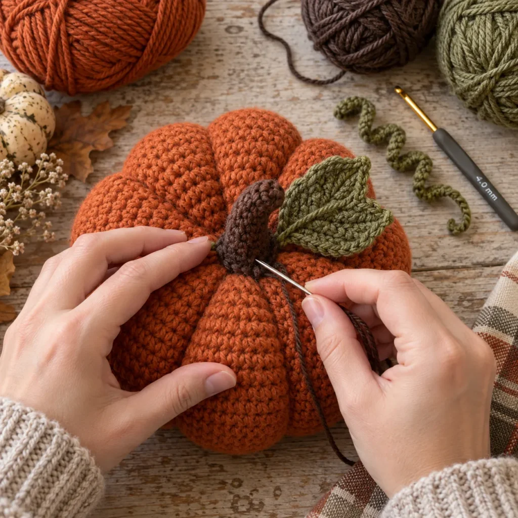 Crochet Pumpkin stem leaf vine and segment assembly
