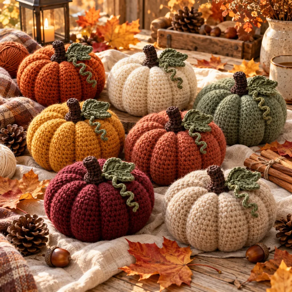 Crochet Pumpkins in seven autumn colors
