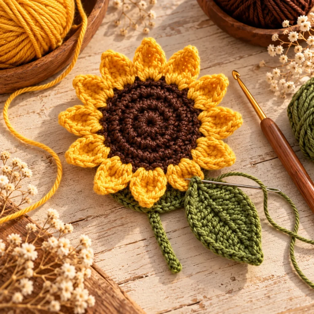 Crochet Sunflower leaf and final assembly