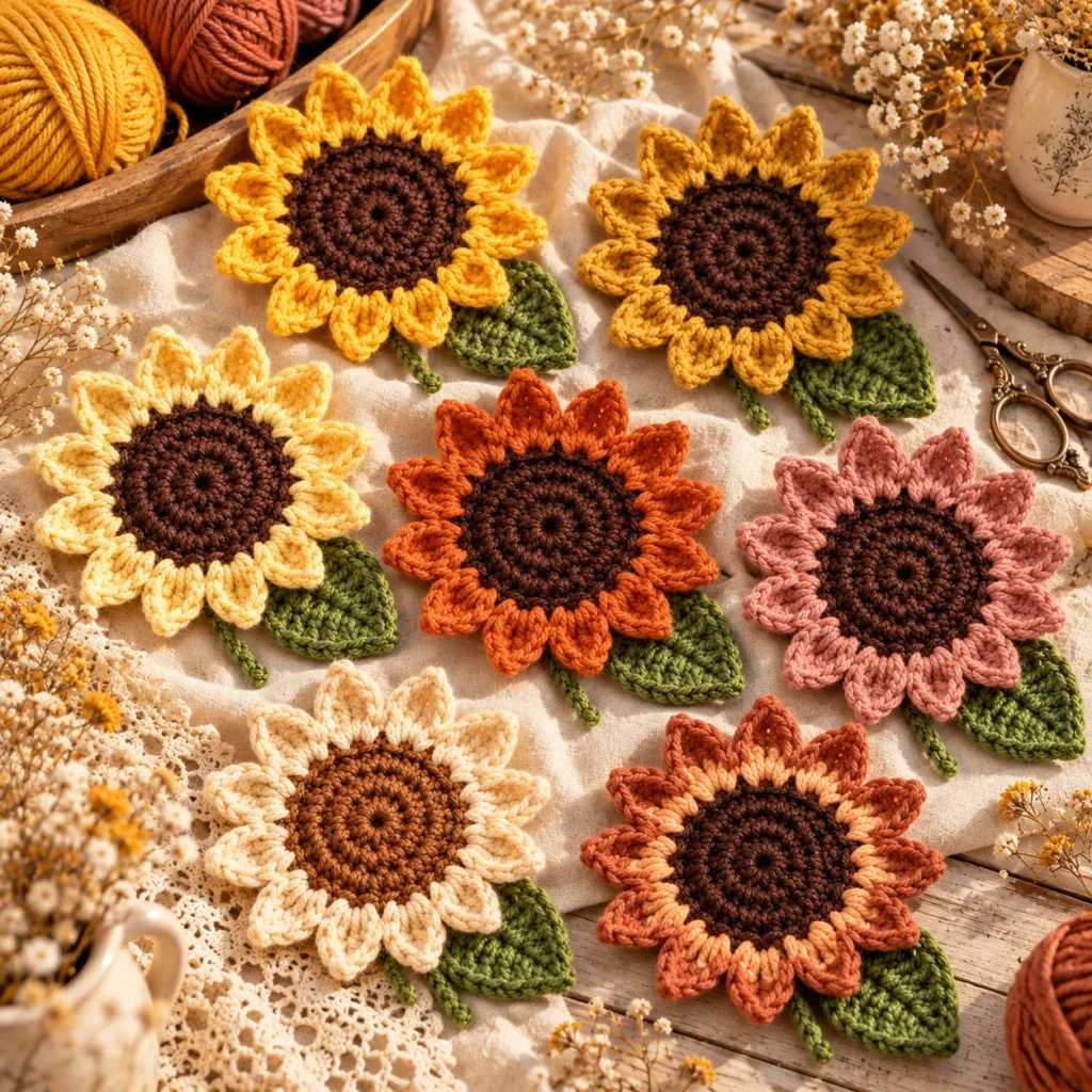 Crochet Sunflowers in seven beautiful color combinations