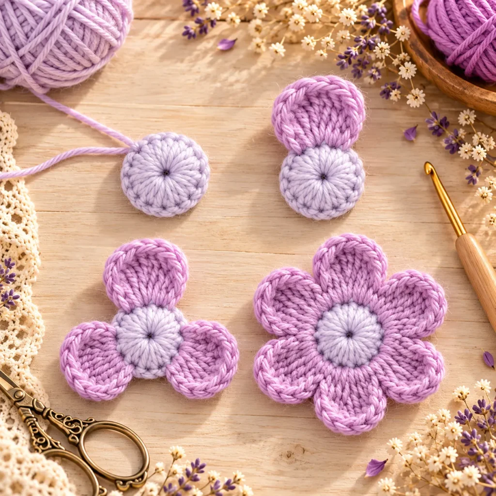 Six petal light purple crochet flower tutorial