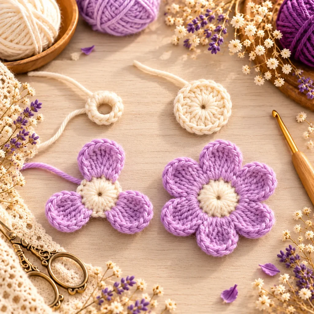 Crochet lavender flower with cream center