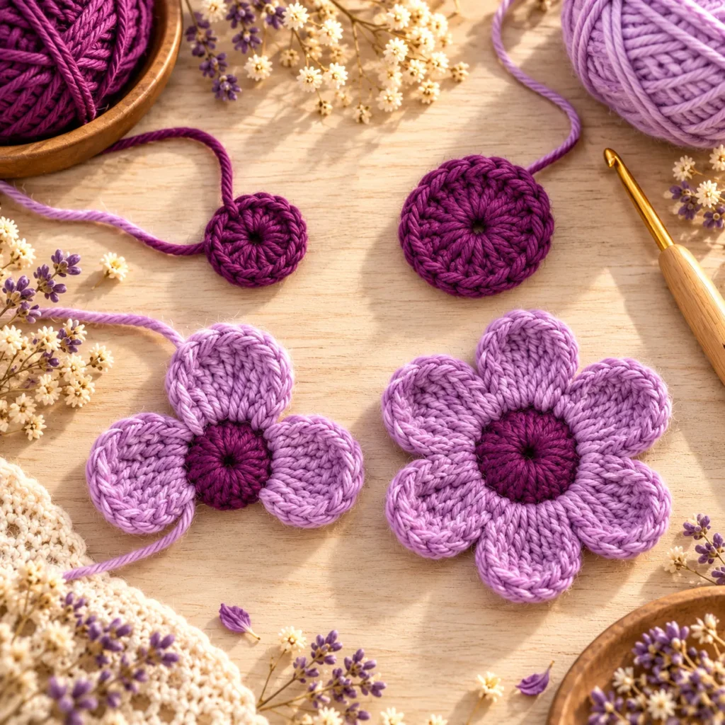 Deep lavender crochet flower with plum center