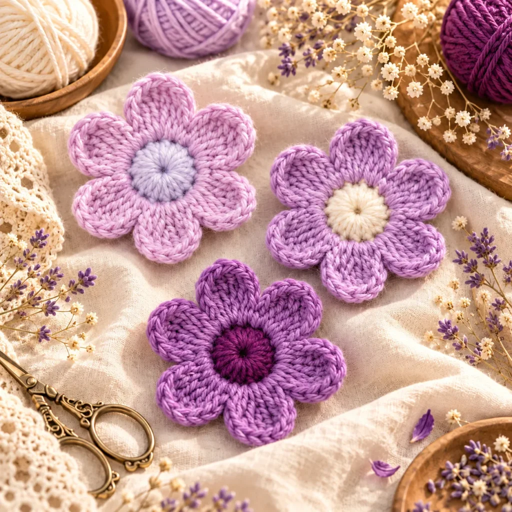 Three crochet light purple flower patterns