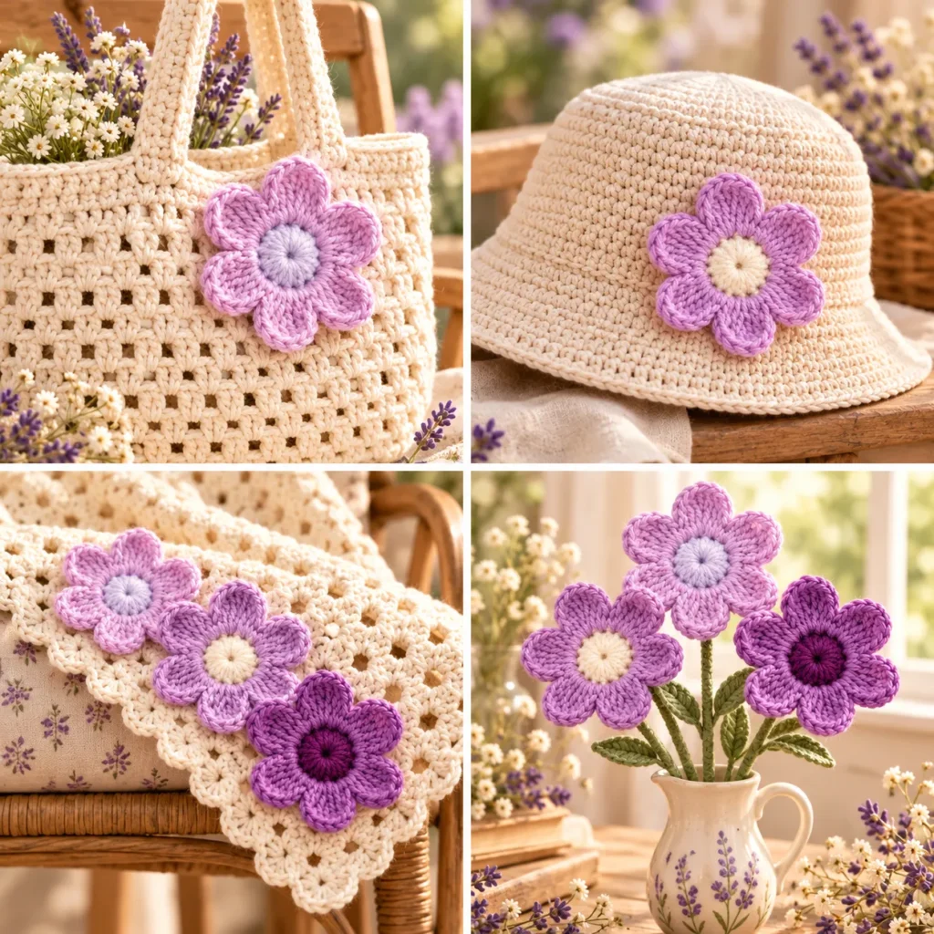 Ways to use crochet lavender flowers on bags hats blankets and bouquets