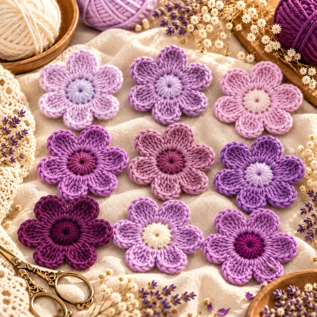Crochet purple flower collection in multiple lavender colorways