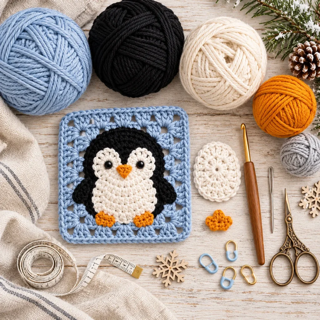 Materials for Penguin Granny Square Crochet Pattern