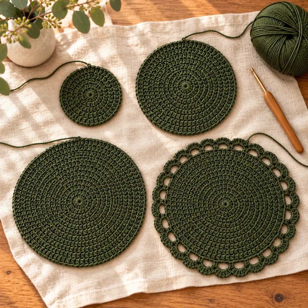 Round crochet placemat growth stages
