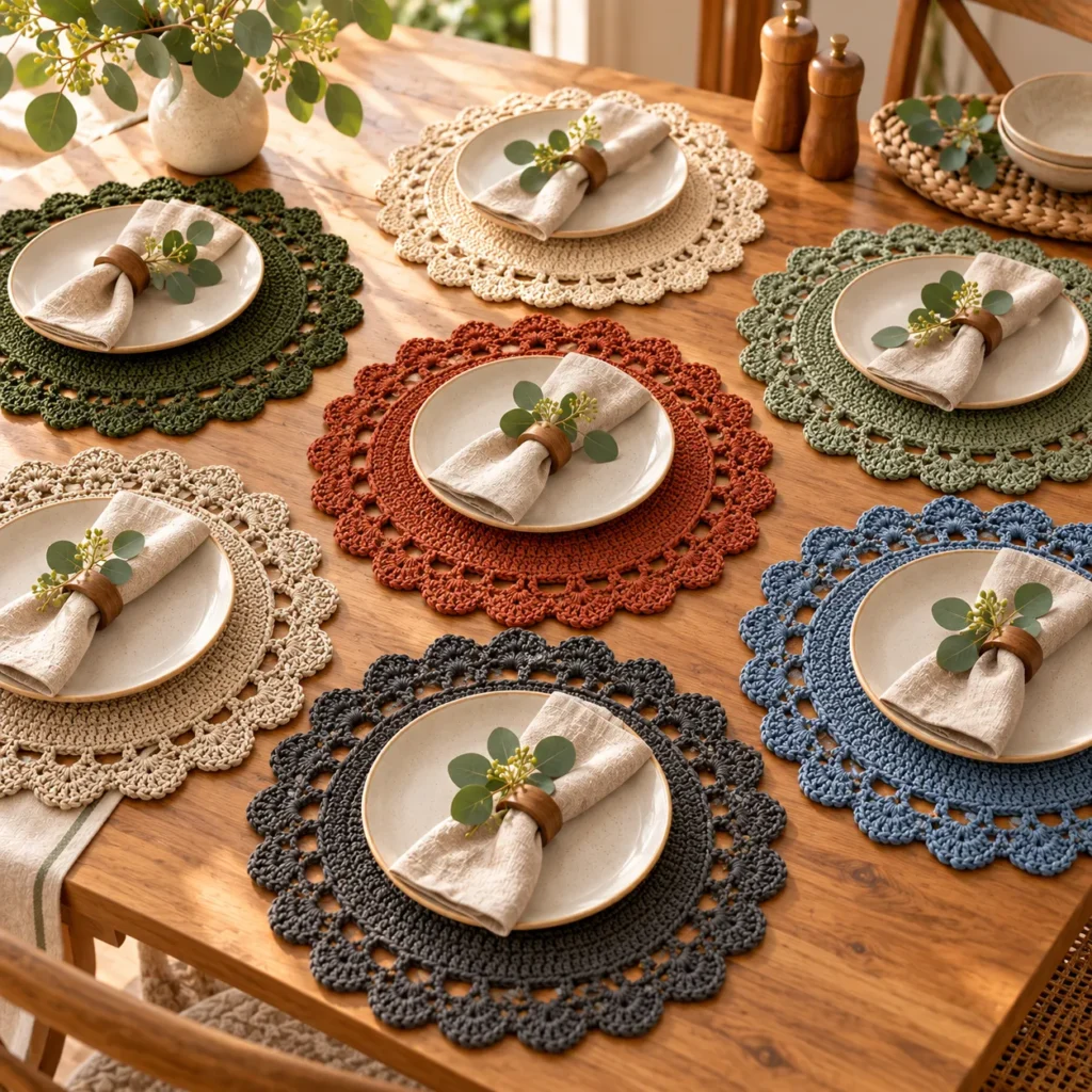 Round Crochet Placemats in seven modern colorways