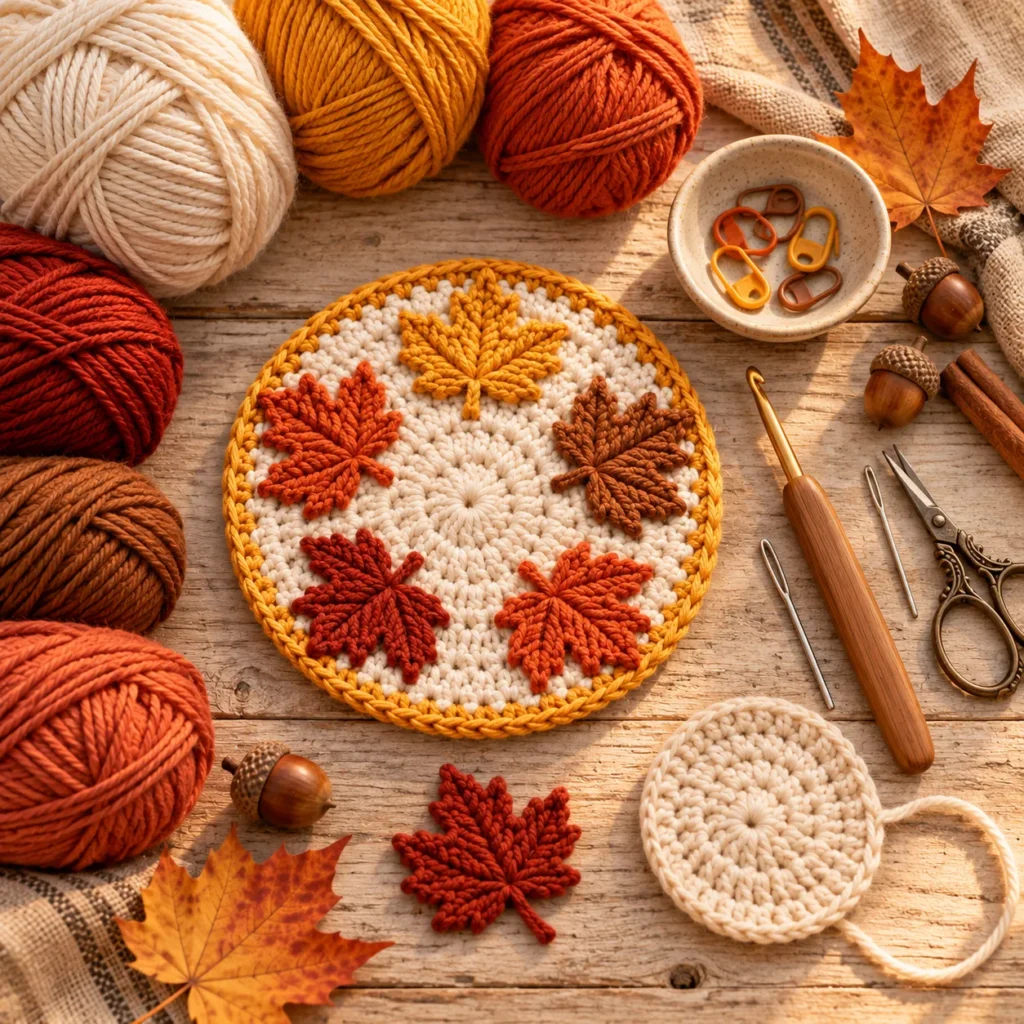 Materials for Maple Leaf Crochet Coaster Pattern