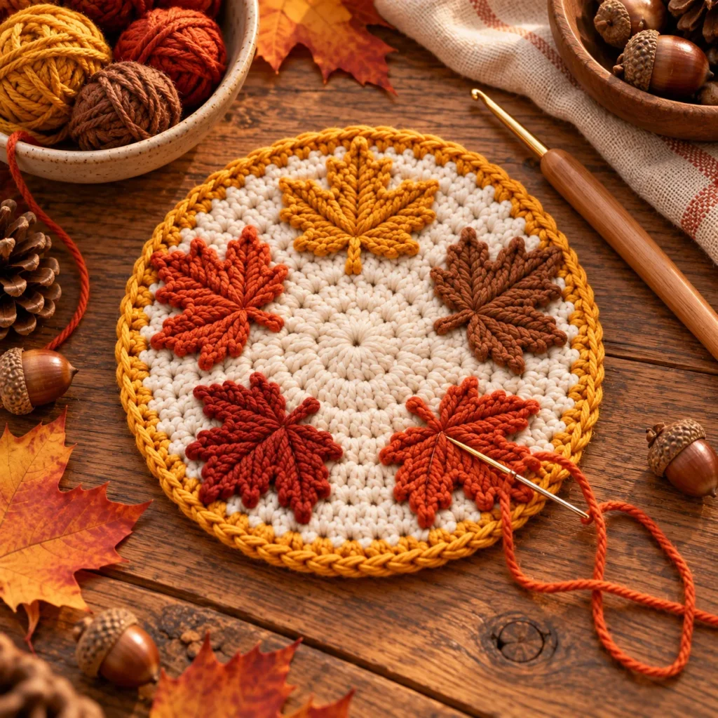 Attaching crochet maple leaves to round coaster