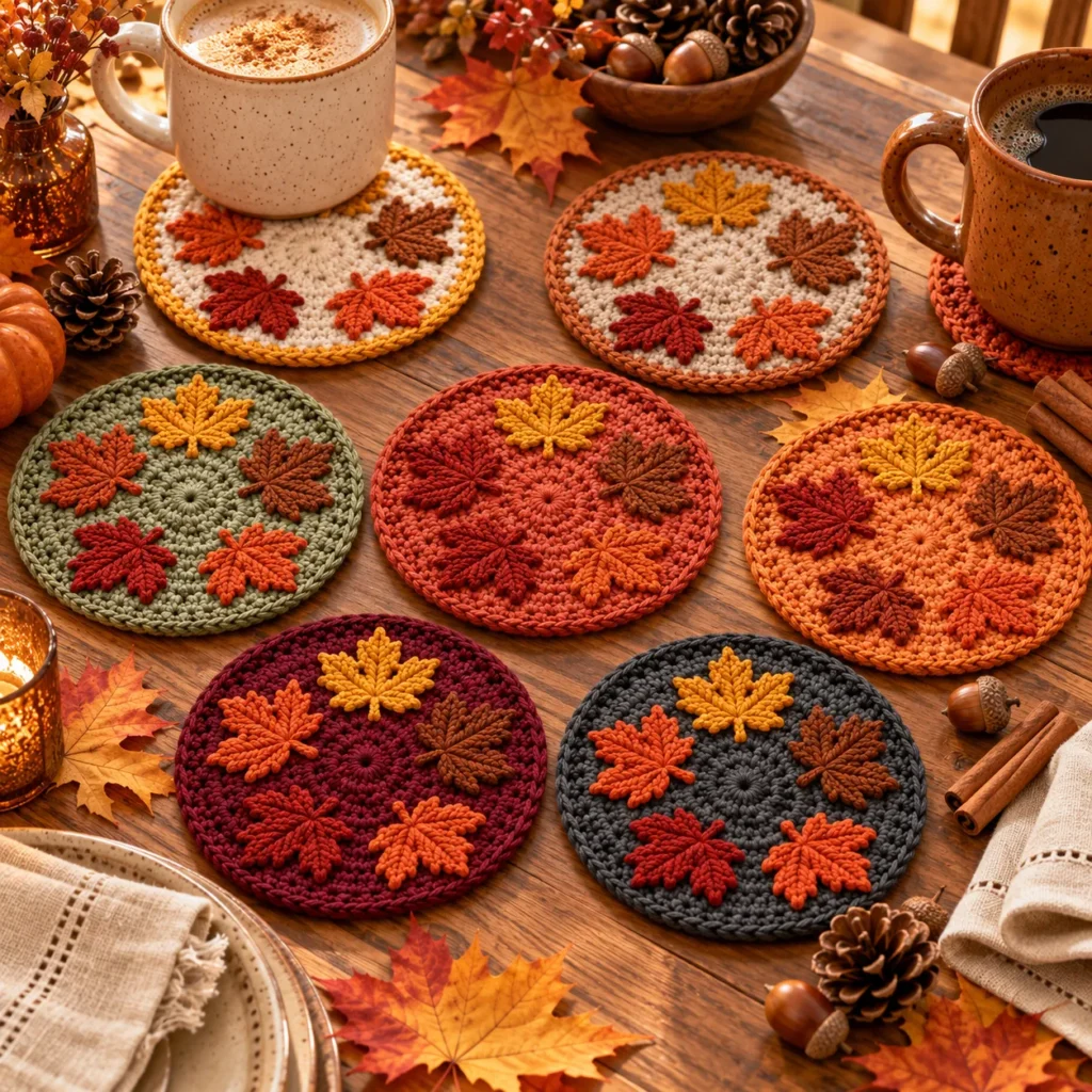 Maple Leaf Crochet Coasters in seven autumn colorways