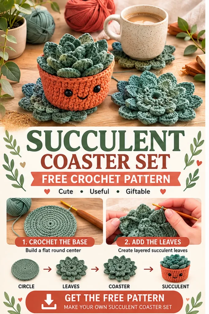 Succulent Coaster Set Crochet Pattern Pin