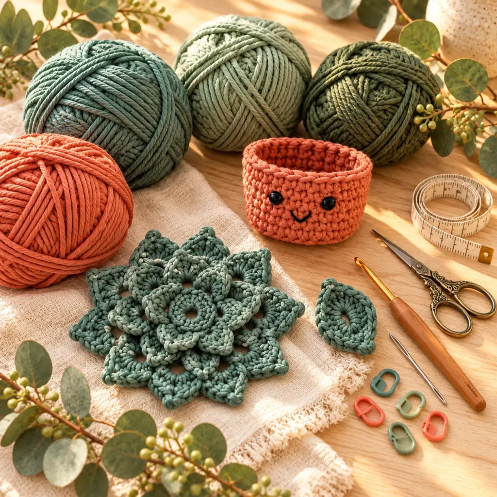 Materials for Succulent Coaster Set Crochet Pattern