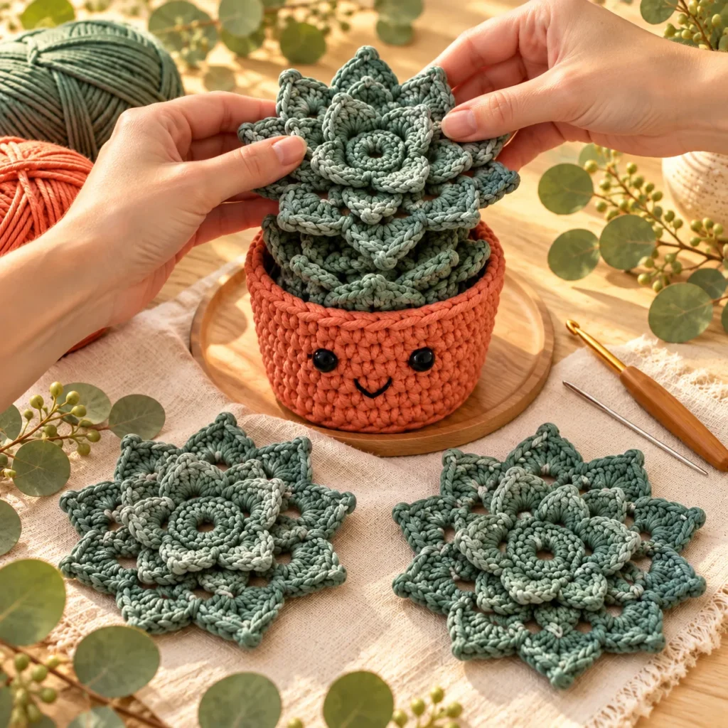 Turning crochet succulent coasters into a potted succulent