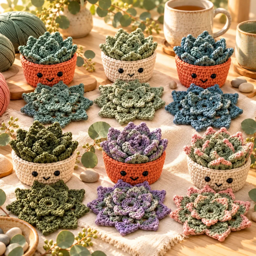 Succulent crochet coaster sets in seven botanical colorways