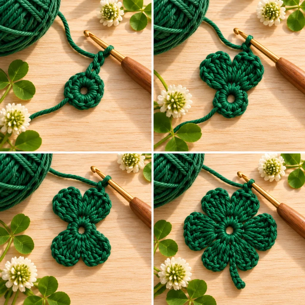 Crochet four leaf clover tutorial stages