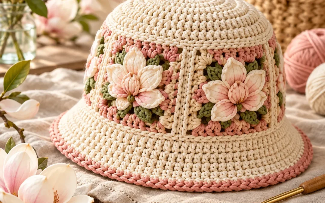 Crochet Magnolia Bucket Hat – A Romantic Floral Crochet Hat for Spring & Summer