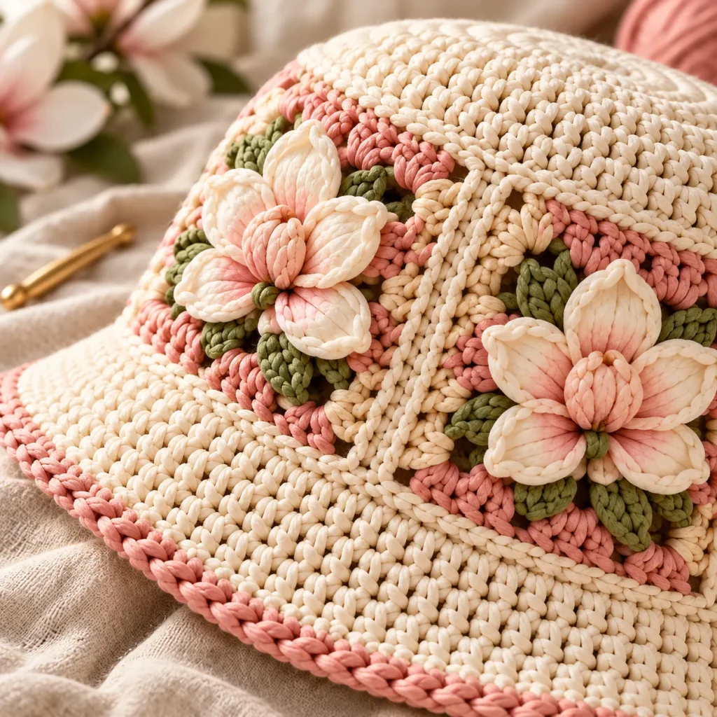 Dimensional crochet magnolia flower detail on bucket hat