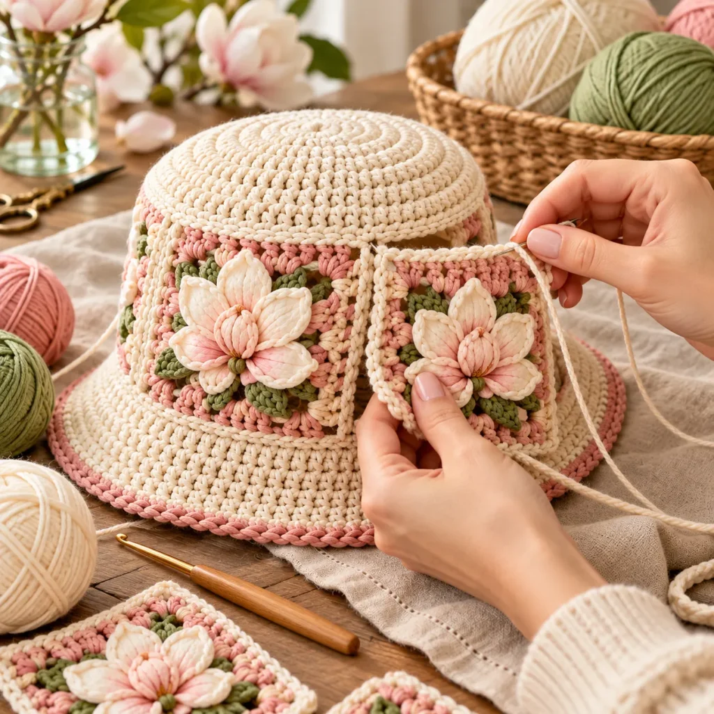 Attaching crochet magnolia squares to a bucket hat