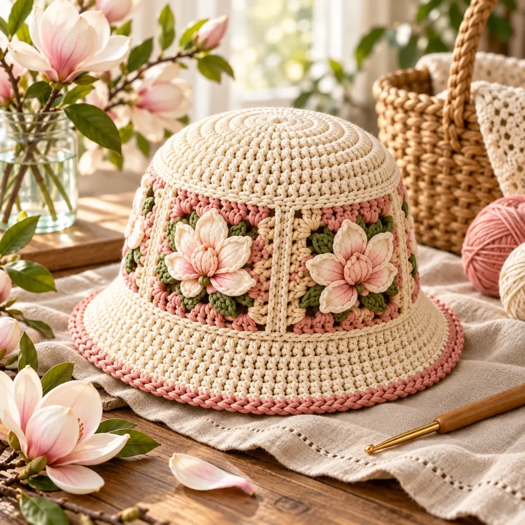 Finished Magnolia Crochet Bucket Hat in spring cottagecore setting