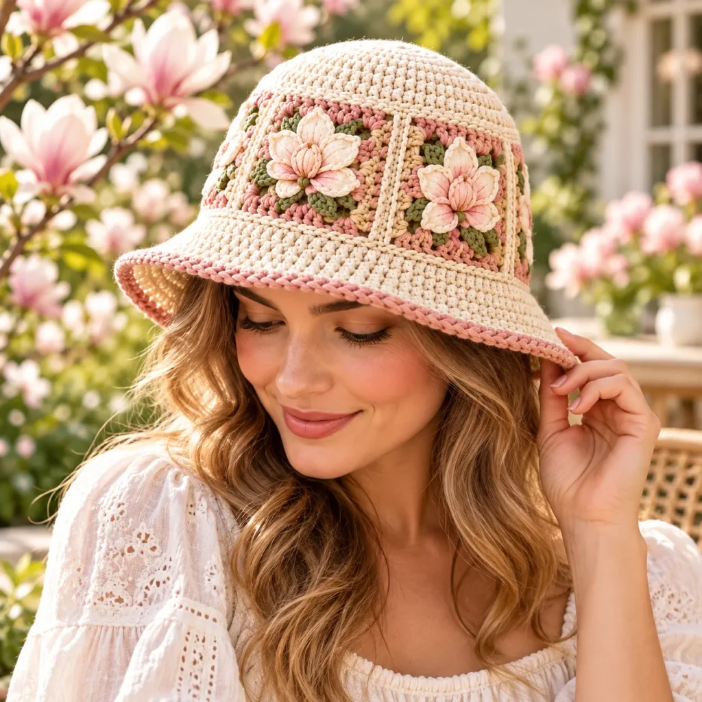 Woman wearing handmade Crochet Magnolia Bucket Hat