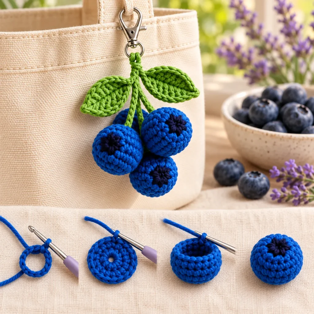 Crochet blueberry construction stages from magic ring to finished berry