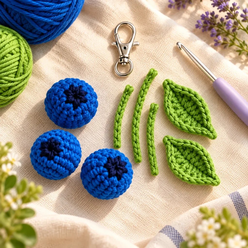 Three crochet blueberries with green leaves stems and keychain clasp
