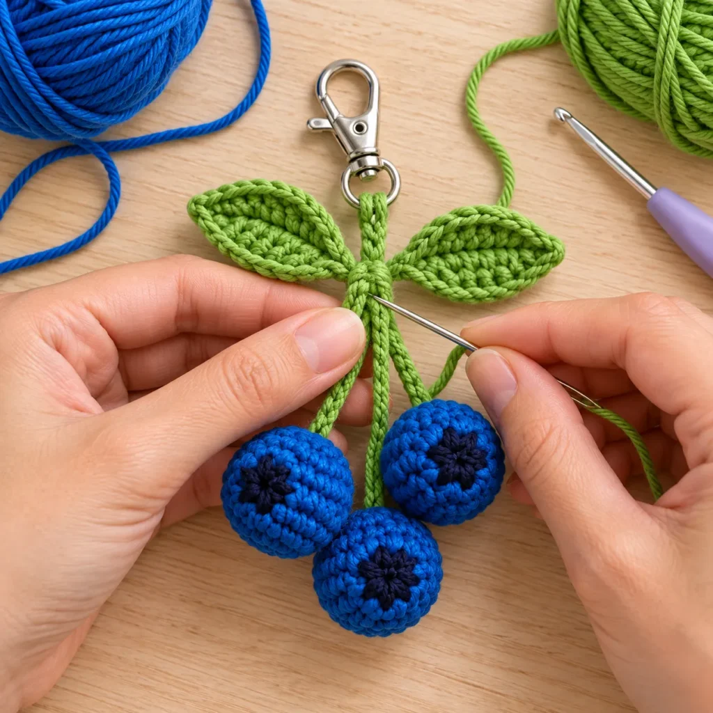 Assembling three crochet blueberries leaves and stems into a bag charm