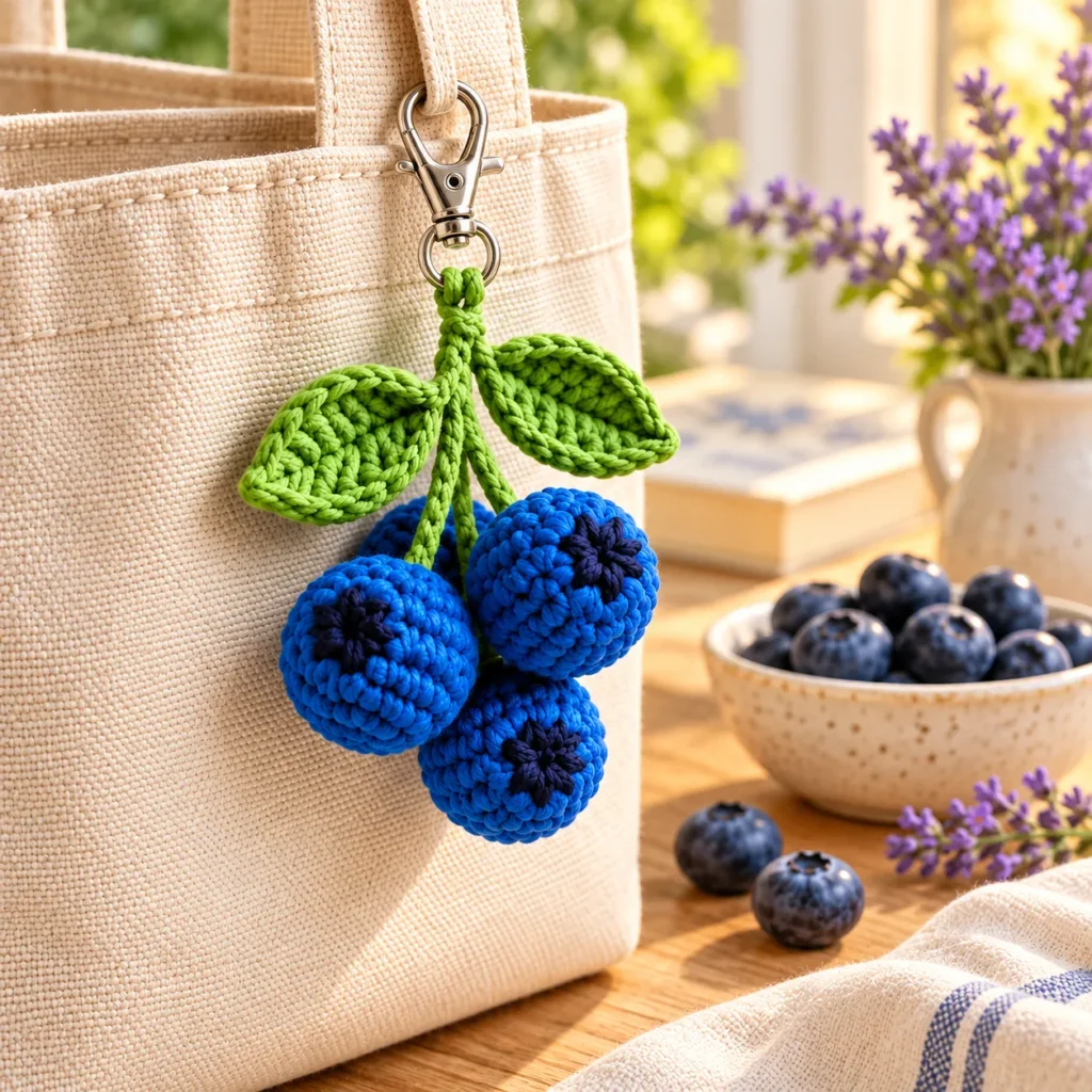 Finished crochet blueberry bag charm attached to a linen handbag