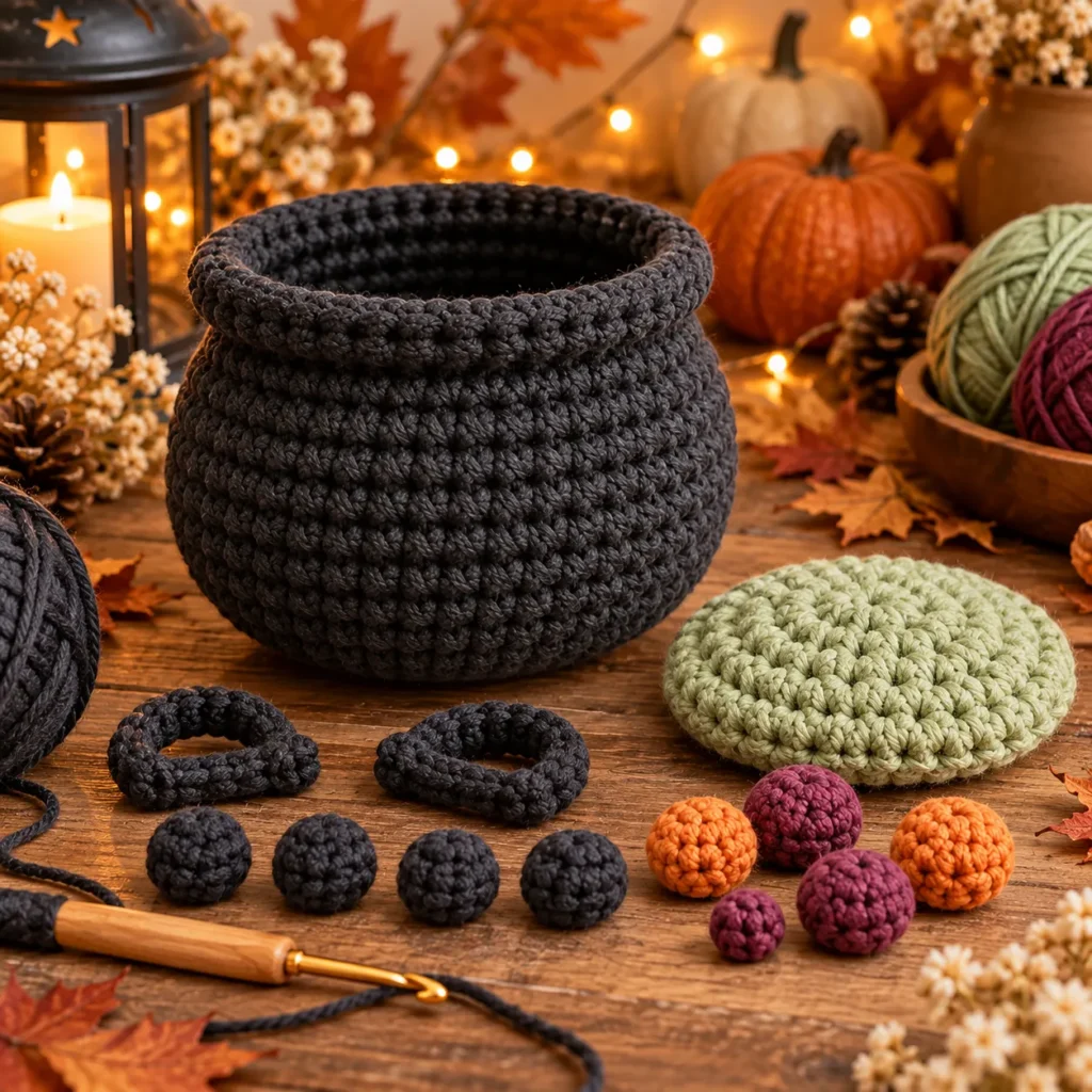 Mid-Project: Cauldron Body, Handles, Feet, and Crochet Potion Components