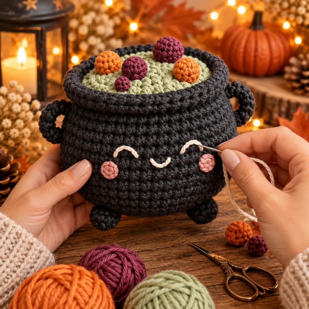 Finishing the Amigurumi Cauldron with Embroidered Eyes and Pink Cheeks