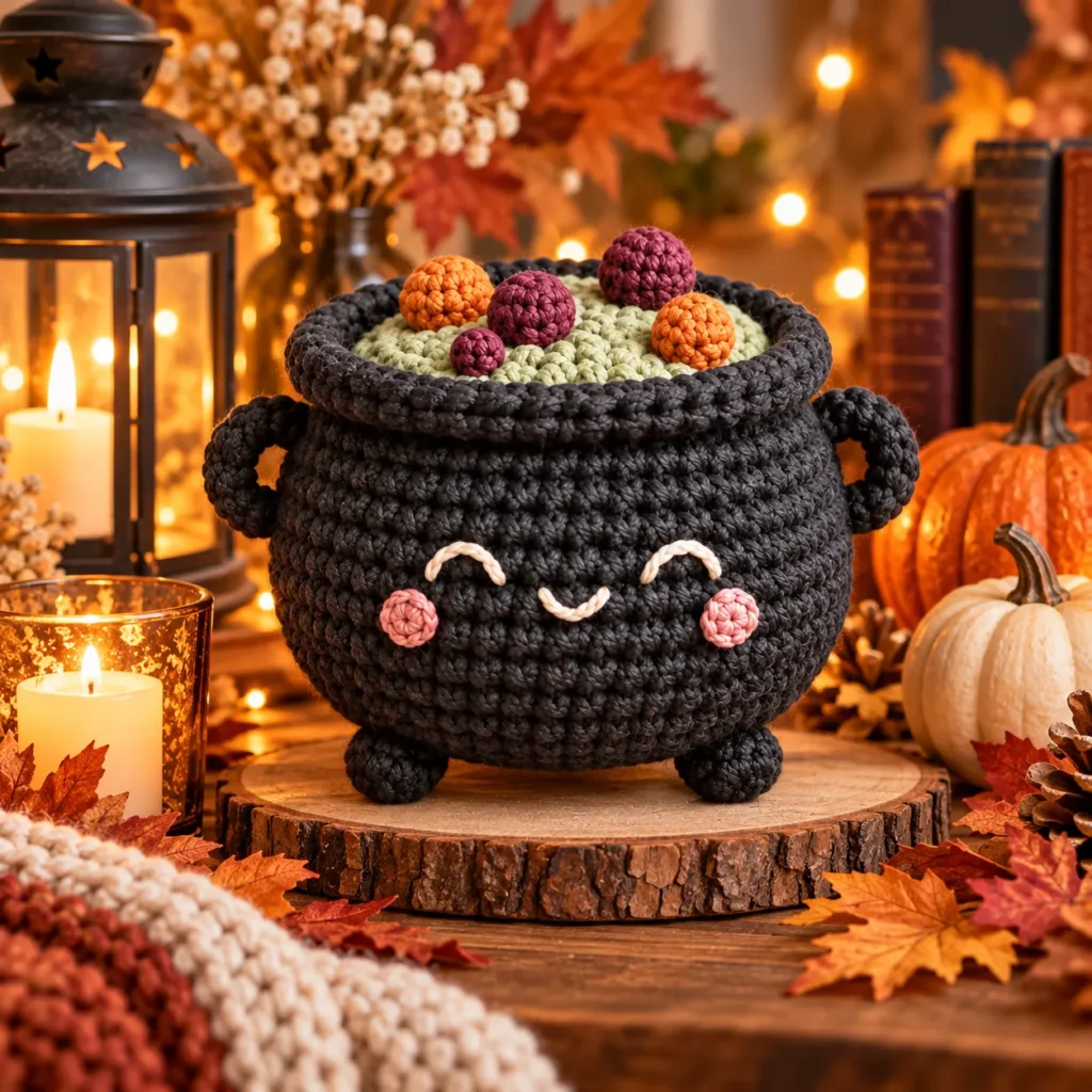Finished Crochet Halloween Cauldron Displayed in a Cozy Autumn Setting