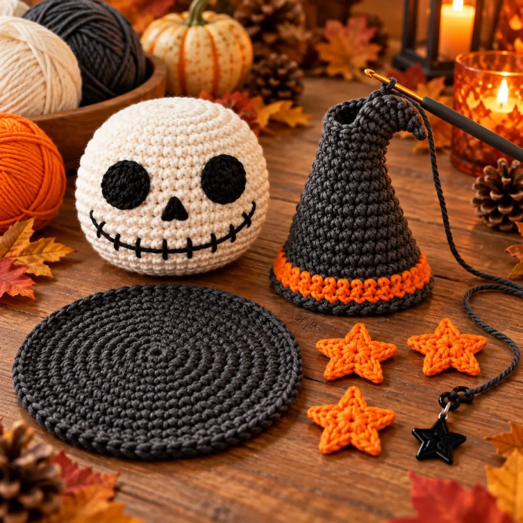 Mid-Project: Crochet Skull, Witch Hat, Brim, and Orange Star Components