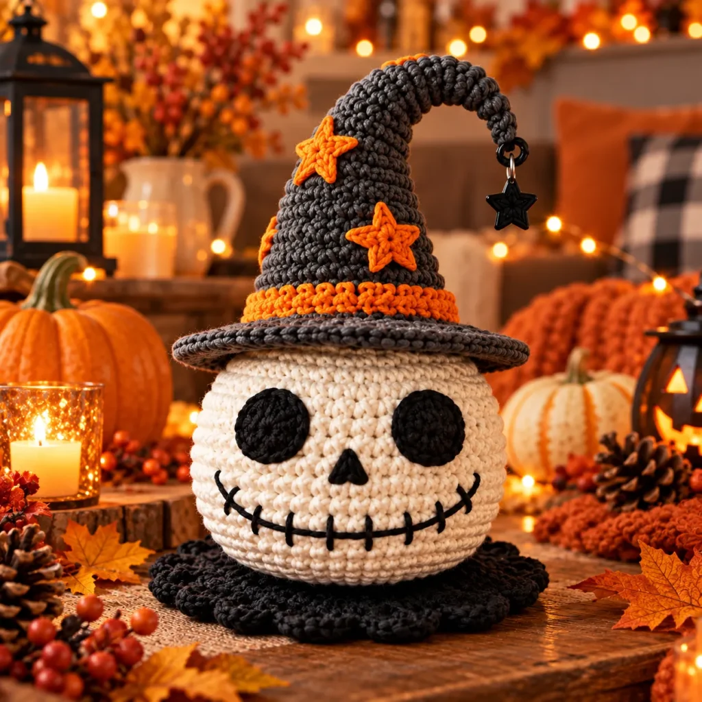 Finished Crochet Skull Witch Displayed with Halloween Pumpkins and Cozy Autumn Decorations